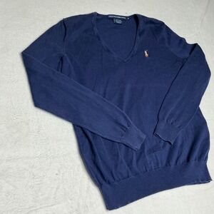 Ralph Lauren Sport Navy Blue V Neck Long Sleeve Cotton Sweater Womens M